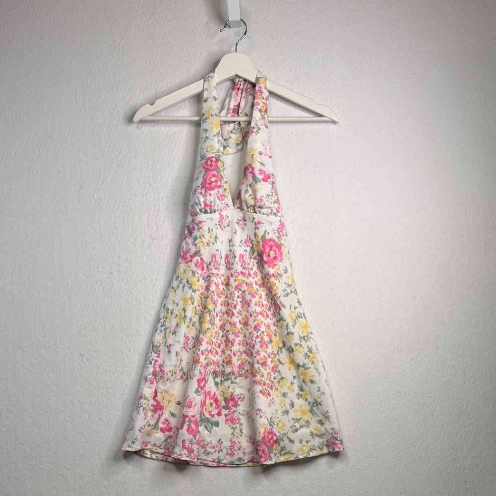 Hollister Floral Open-Back Crepe Halter Mini Dress in XXS